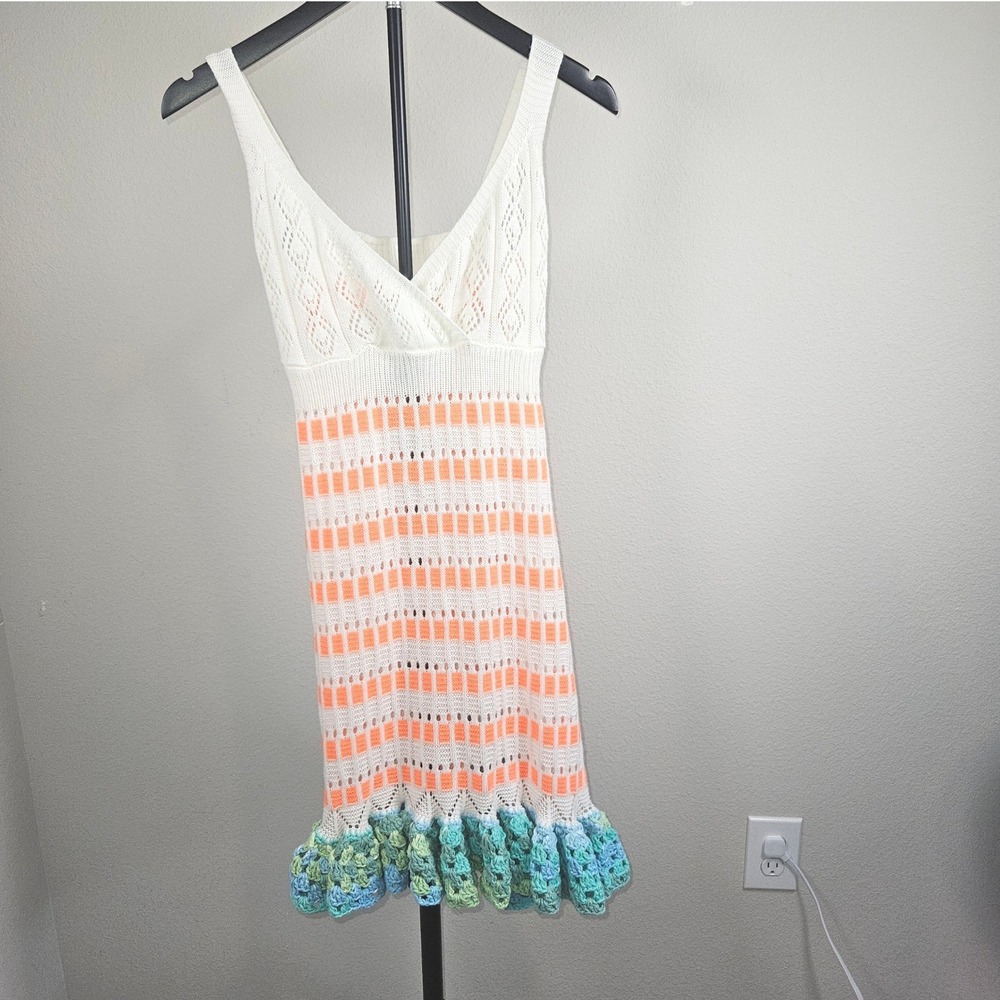 Knit Mix Mini Dress Women Small White Orange Crochet Ruffle Hem Boho Eclectic